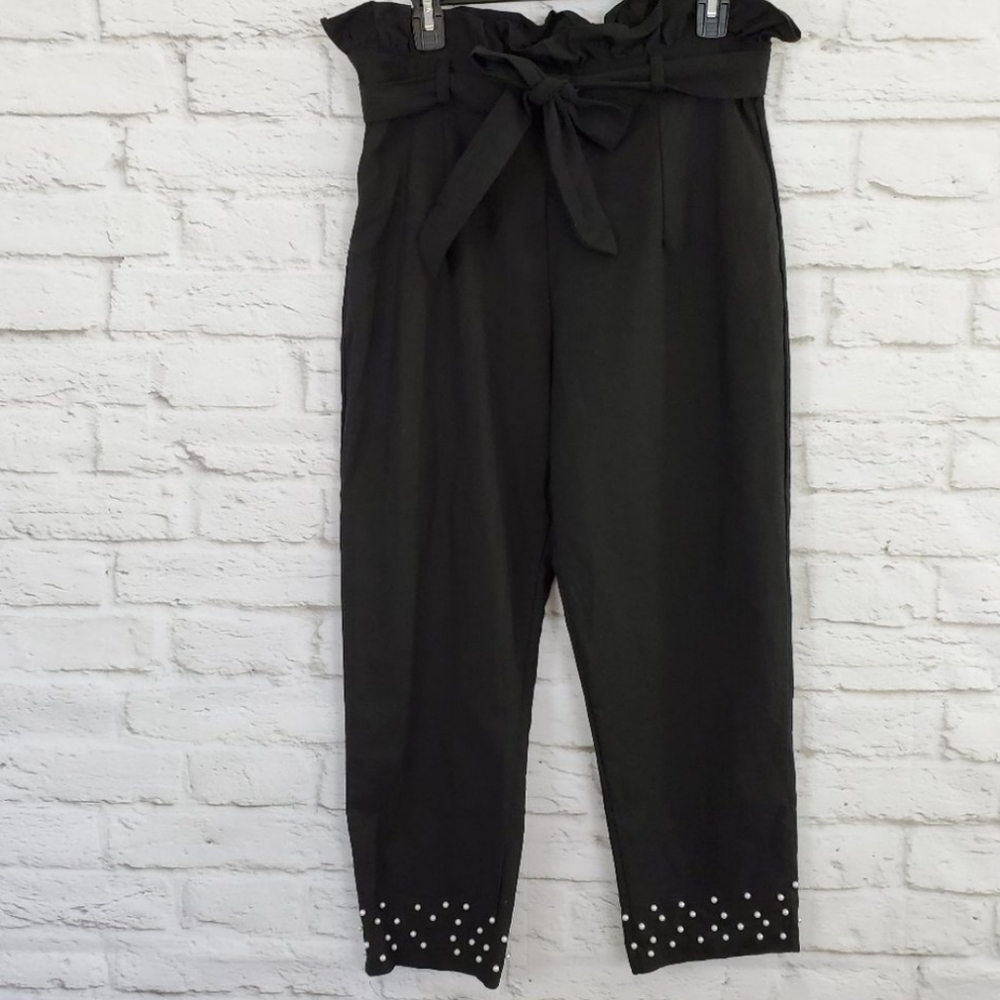 Linen Blend Paper Bag Waist Ankle Crop Pants Lg